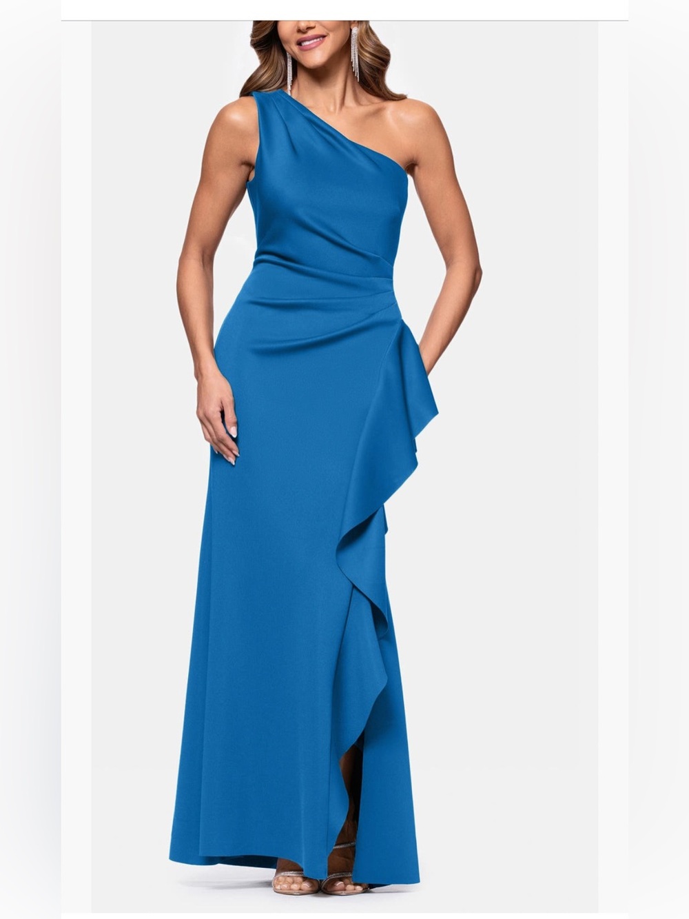 Xscape Teal One Shoulder Ruffle Gown Petite SZ 4P NWT Formal Dress Evening GALA